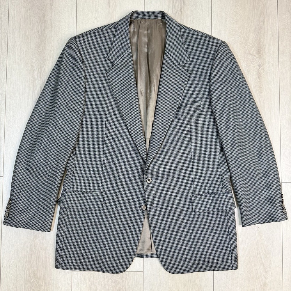 VTG Joseph Abboud Blazer 42R Brown Tan Houndstooth Wool Bloomingdale's Lined USA